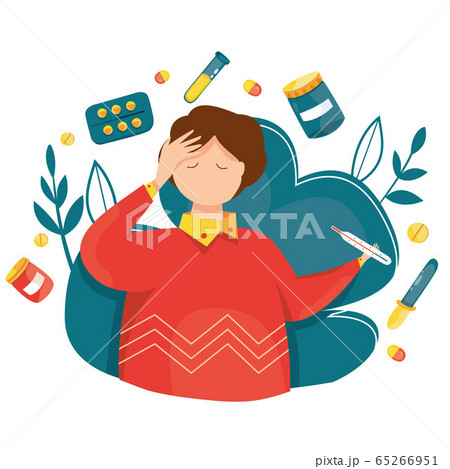 High temperature vector illustration. Symptoms of the disease and sick. Temperature, cough, runny nose. Epidemic. Pandemic. Coronavirus. Quarantine. Virus attack. With drug, pills and medical stuff. High temperature vector illustration. Symptoms of the disease and sick. Temperature, cough, runny nose. Epidemic. Pandemic. Coronavirus. Quarantine. Virus attack. With drug, pills and medical stuff. 65266951