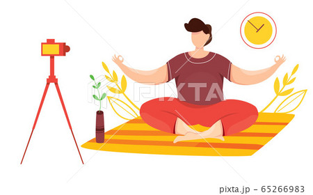 Vector of yoga course. Yoga class at home. Online lesson with teacher. Yoga lesson in mobile app. Quarantine epidemic. Working at home. Stretching and fitness exercises. Live streaming. Broadcast. 65266983