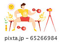 Vector of bodybuilding course. GYM class at home. Online lesson with teacher. Fitness lesson in mobile app. Quarantine epidemic. Working at home. Stretching and fitness exercises. Live broadcast. 65266984
