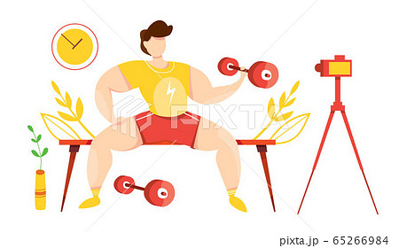 Vector of bodybuilding course. GYM class at home. Online lesson with teacher. Fitness lesson in mobile app. Quarantine epidemic. Working at home. Stretching and fitness exercises. Live broadcast. Vector of bodybuilding course. GYM class at home. Online lesson with teacher. Fitness lesson in mobile app. Quarantine epidemic. Working at home. Stretching and fitness exercises. Live broadcast. 65266984