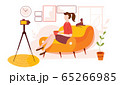Vector illustration of creative blogging at home. Working at home. Quarantine epidemic. Live streaming, broadcast. Vlogger creating content and posting it on social media. Home office. 65266985