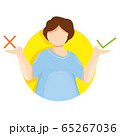Modern vector illustration of difficult decission. Green tick symbol and red cross sign. Concept of corrrect or incorrect choice and decision making. Dilemma. The young man does not know what to do. 65267036