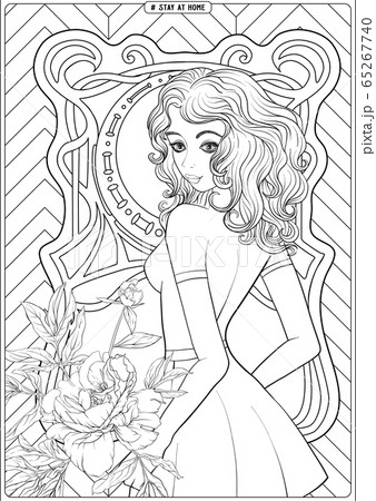 Woman portrait in front of a window and slogan, tag stay at home. Woman portrait in front of a window and slogan, tag stay at home. 65267740