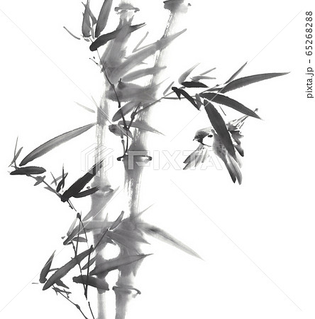 竹に雀 水墨画のイラスト素材 6526