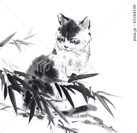 猫とカタツムリ 水墨画のイラスト素材