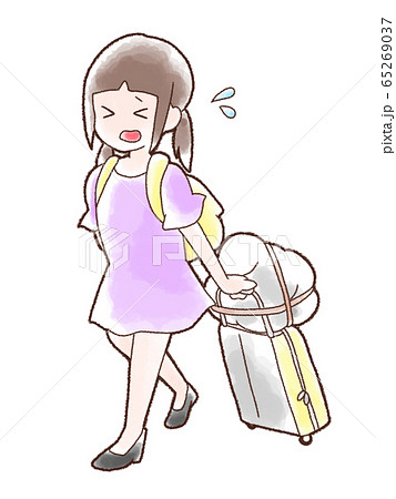 旅行の帰りに荷物が重い女の子 水彩のイラスト素材