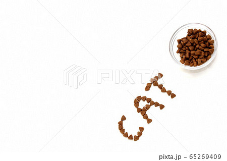 The word CAT is laid out with dry cat food on a white background next to a bowl of cat dry food. The word CAT is laid out with dry cat food on a white background next to a bowl of cat dry food. 65269409
