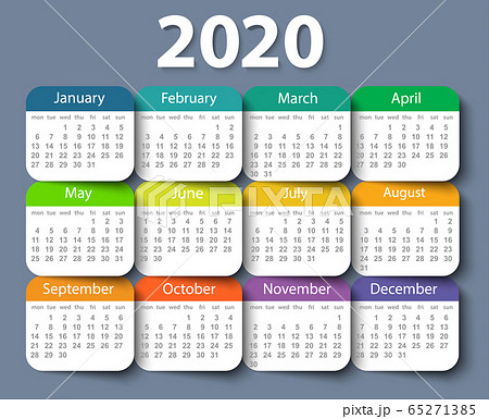Calendar 2020 year vector design template. Week starting on Monday 65271385