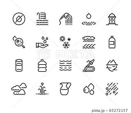 Aqua line icons. Water and liquids in containers such as glass bottle can, rain iceberg sea and geyser water sources. Vector editable strokes 65272157