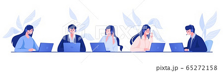 Call center. Customer support and information service concept with cartoon office people, operators on hotline with headsets. Vector set 65272158