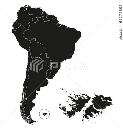 Highly detailed map of the continent of South America and the Falkland Islands. Brazil and Argentina and Chile and Colombia and Ecuador. Vector graphics. Black silhouette on a white background. 65272802
