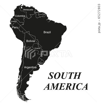 Highly detailed map of the South American continent. Black silhouette on a white background with borders and country names. Brazil and Argentina and Chile and Colombia and Ecuador. Vector graphics. Highly detailed map of the South American continent. Black silhouette on a white background with borders and country names. Brazil and Argentina and Chile and Colombia and Ecuador. Vector graphics. 65272803