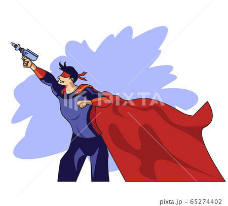Hero superman man with a weapon in his hand with a red cloak and superman clothes. Goes to the rescue 65274402