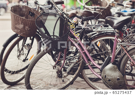 Retro bikes parked on the street in Stockholm. Toned Retro bikes parked on the street in Stockholm. Toned 65275437