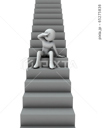 階段の途中で後ろを眺めるキャラクター のイラスト素材