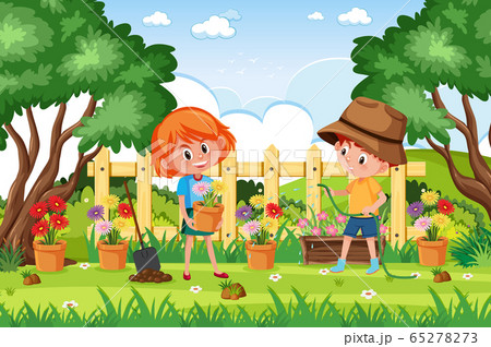 Background Scene With Kids Working In The Parkのイラスト素材