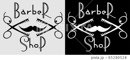 art minimal black barber shop logo of scissors and thin mustache swirling up 65280528