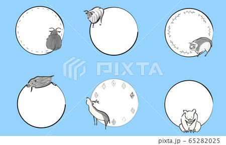 手描きのかわいい動物の和風円形フレームのイラスト素材 6525