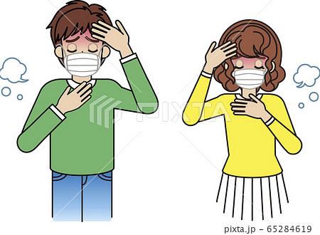 熱で顔が赤く 喉の痛みがあり マスクをしている男女のセットで 頭と胸元に手を当てている のイラスト素材