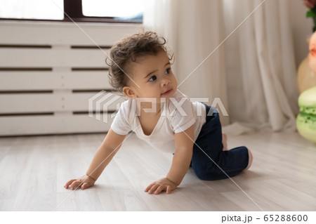 Little biracial baby creep on fours at home 65288600