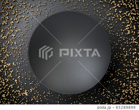 3d render of black empty round plate or banner over black background and golden spheres. Perfect illustration for placing your text or advertisement. Copy space. Frame for your text 65289899
