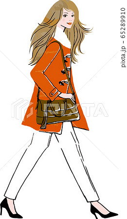 オレンジのコートを着た髪をナビかけて歩く女性のイラスト素材
