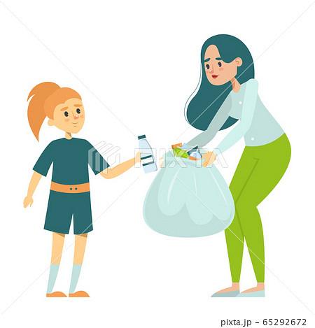 Child helps mother to collect the garbage 65292672