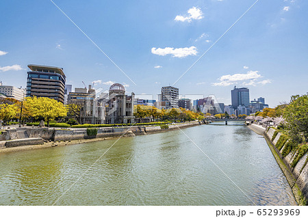 桜が満開の平和記念公園と原爆ドーム周辺の広島の街並み 桜が満開の平和記念公園と原爆ドーム周辺の広島の街並み 65293969