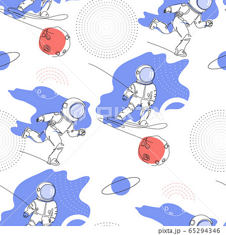 Seamless pattern. Astronaut runs in space. An astronaut is snowboarding among the galaxy. 65294346