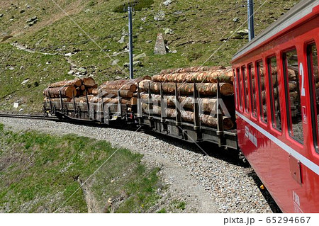 スイス、レーティッシュ鉄道の旅客・貨物混結列車の写真素材 [65294667 