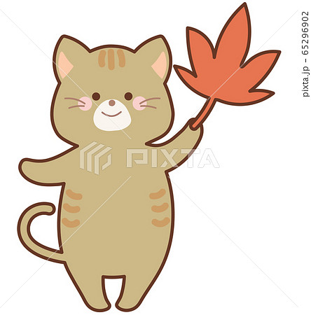 紅葉したモミジを持った猫 65296902