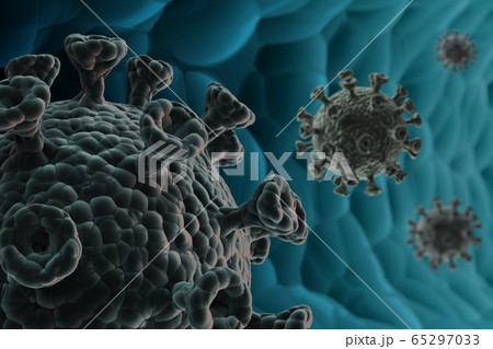 An illustration showing a coronavirus in the human body. 65297033