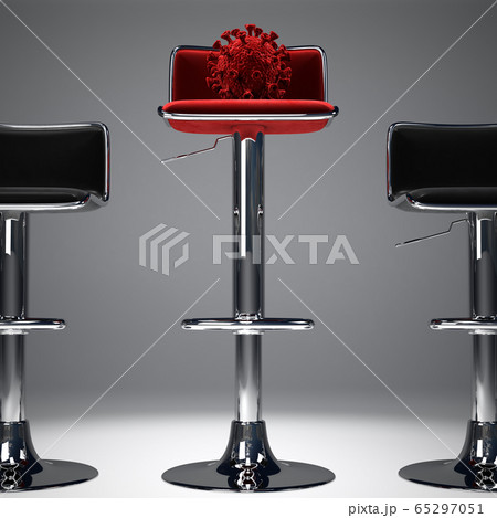 An illustration showing a coronavirus on a high red bar stool. 65297051