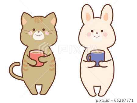 コーヒーを飲むうさぎと猫 セット コーヒーを飲むうさぎと猫 セット 65297571