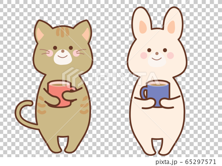 コーヒーを飲むうさぎと猫 セットのイラスト素材