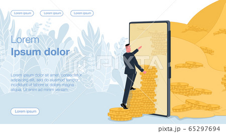 A businessman climbs a ladder from coins uphill from coins to a mobile phone screen. The path to prosperity. Business vector concept illustration. 65297694