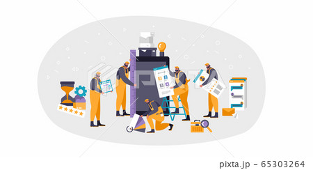 Mobile app construction vector illustration. Orange workers are building mobile app - perfect colors, reviews, ratings, dimensions. 65303264