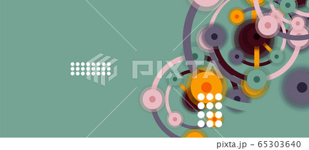 Flat style geometric abstract background, round dots or circle connections on color background. Technology network concept. 65303640