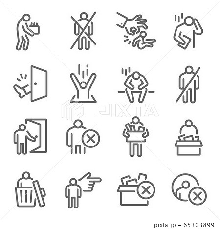 Dismissal icon set vector illustration. Contains such icon as Lay-off, Termination, Unemployment, Jobless, Expulsion, Removal and more. Expanded Stroke Dismissal icon set vector illustration. Contains such icon as Lay-off, Termination, Unemployment, Jobless, Expulsion, Removal and more. Expanded Stroke 65303899