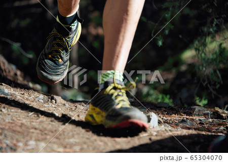 Trail running workout outdoors on rocky terrain, sports shoes detail on a challenging forest track Trail running workout outdoors on rocky terrain, sports shoes detail on a challenging forest track 65304070