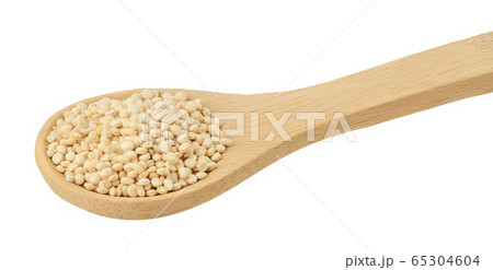 white quinoa seeds in wooden spoon isolated on white background with clipping path and full depth of field. white quinoa seeds in wooden spoon isolated on white background with clipping path and full depth of field. 65304604