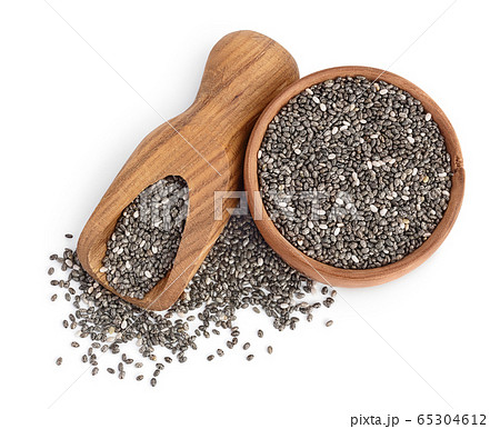 Chia seeds in wooden bowl isolated on white background with clipping path and full depth of field. Top view. Flat lay. 65304612