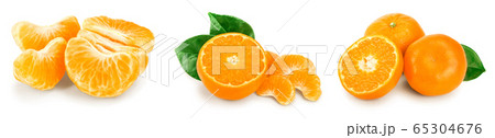 tangerine or mandarin fruit with leaves isolated on white background. Set or collection 65304676