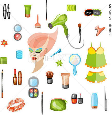 Set of cosmetics and food for the girl. Vector illustration. 65305109