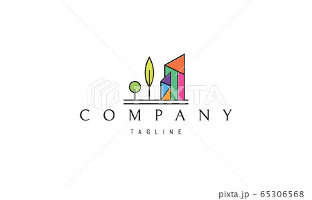 Vector logo on which an abstract image of two colored buildings and trees. Vector logo on which an abstract image of two colored buildings and trees. 65306568