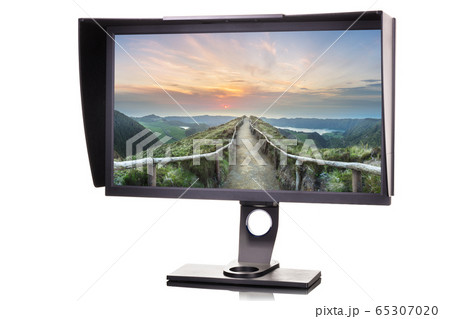 Professional photographer monitor with shading hood isolated on white 65307020