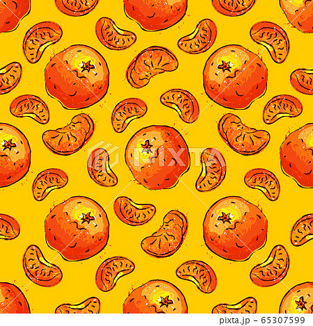 Tangerines fruit seamless pattern. Citrus background. Tangerine and slice tangerine on an orange background Vector illustration 65307599