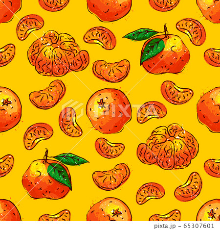 Tangerines fruit seamless pattern. Citrus fruits repeat background. Tangerine and slice tangerine on an orange background Vector illustration 65307601