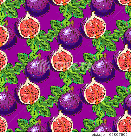 Figs fruit pattern, figs half and figs leaves seamless pattern. Striped background, Vector illustration 65307602