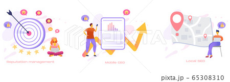 Social media concept icon set. Business people team creating reputation management, mobile and local SEO. 65308310